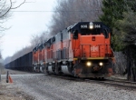 A Southbound B&LE ore train crosses over Huntley Rd with B&LE 906 in the lead